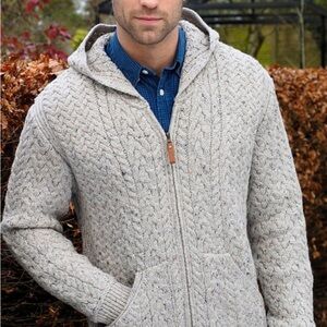 ARAN CRAFTS HOODED SWEATER ZIP IRELAND MERINO WOOL CABLE KNIT FISHERMAN XXL